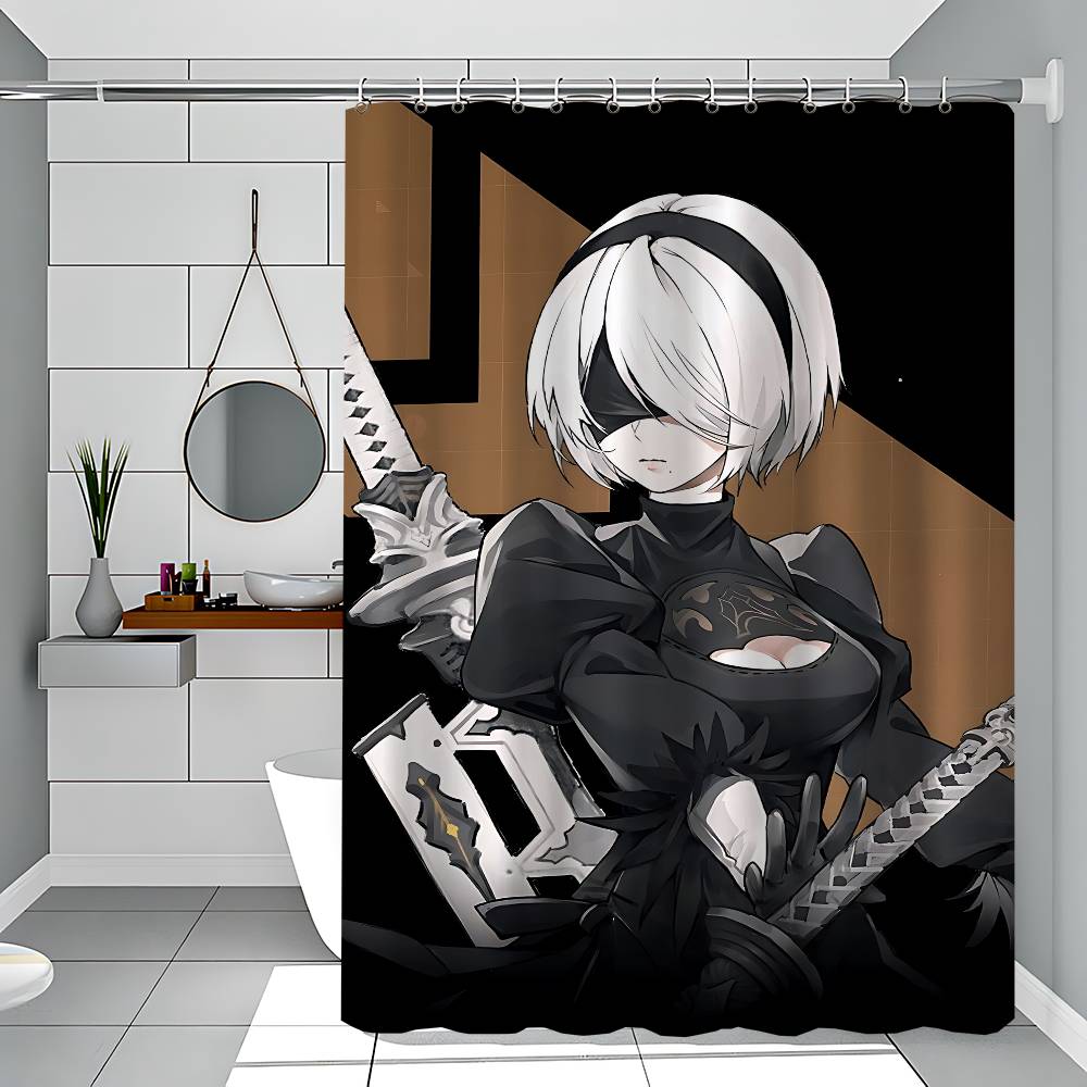 Nier Automata White Shower Curtain, Bathroom Decorative Shower Curtain, Waterproof Shower Curtain With Hooks