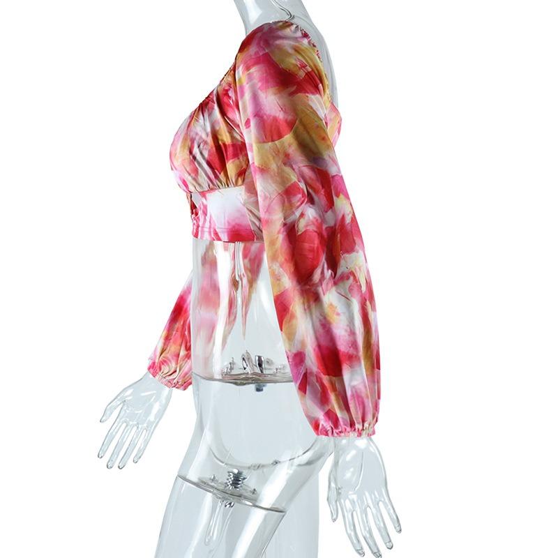 Summer Women's Sexy U Neck Wrap Printed Lantern Sleeve Neckless Pullover Stretchy Loose Top