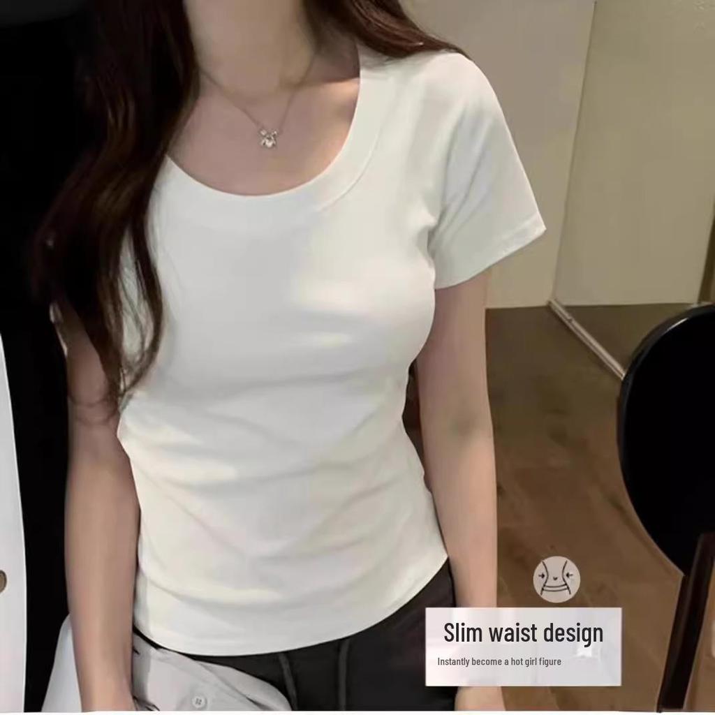 Women's Black and White Short-Sleeved Summer T-Shirt, Versatile Round Neck, Slim Fit, Trendy Short Top