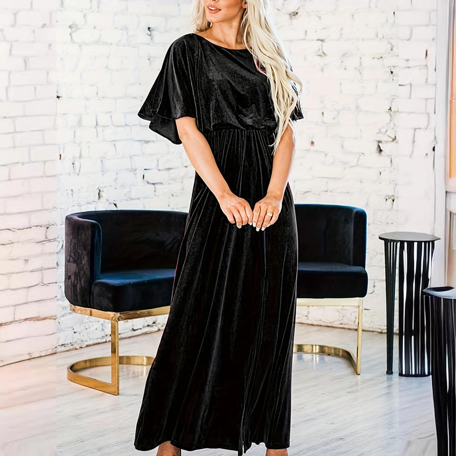 

Женское однотонное вечернее платье с коротким рукавом из сексуального золотого бархата с круглым вырезом M чёрный