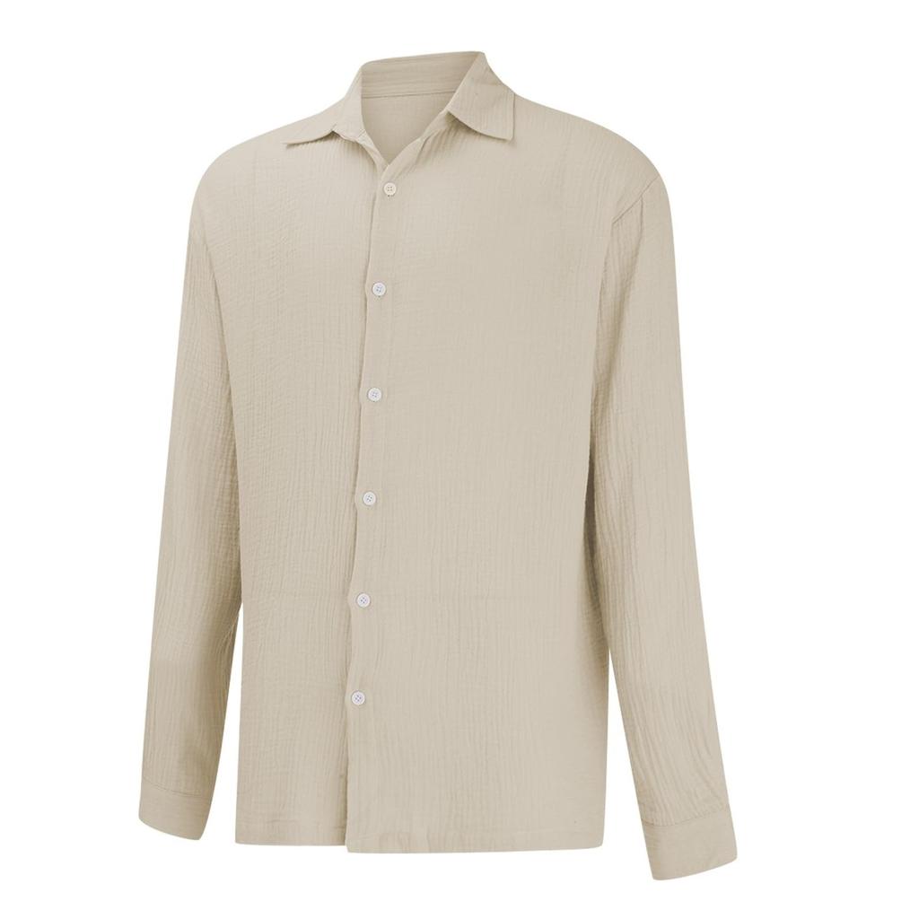 Men's Cotton Shirts Long Sleeve Casual Button Down Textured T-Shirt Loose Vacation Beach Lightweight Topsrt