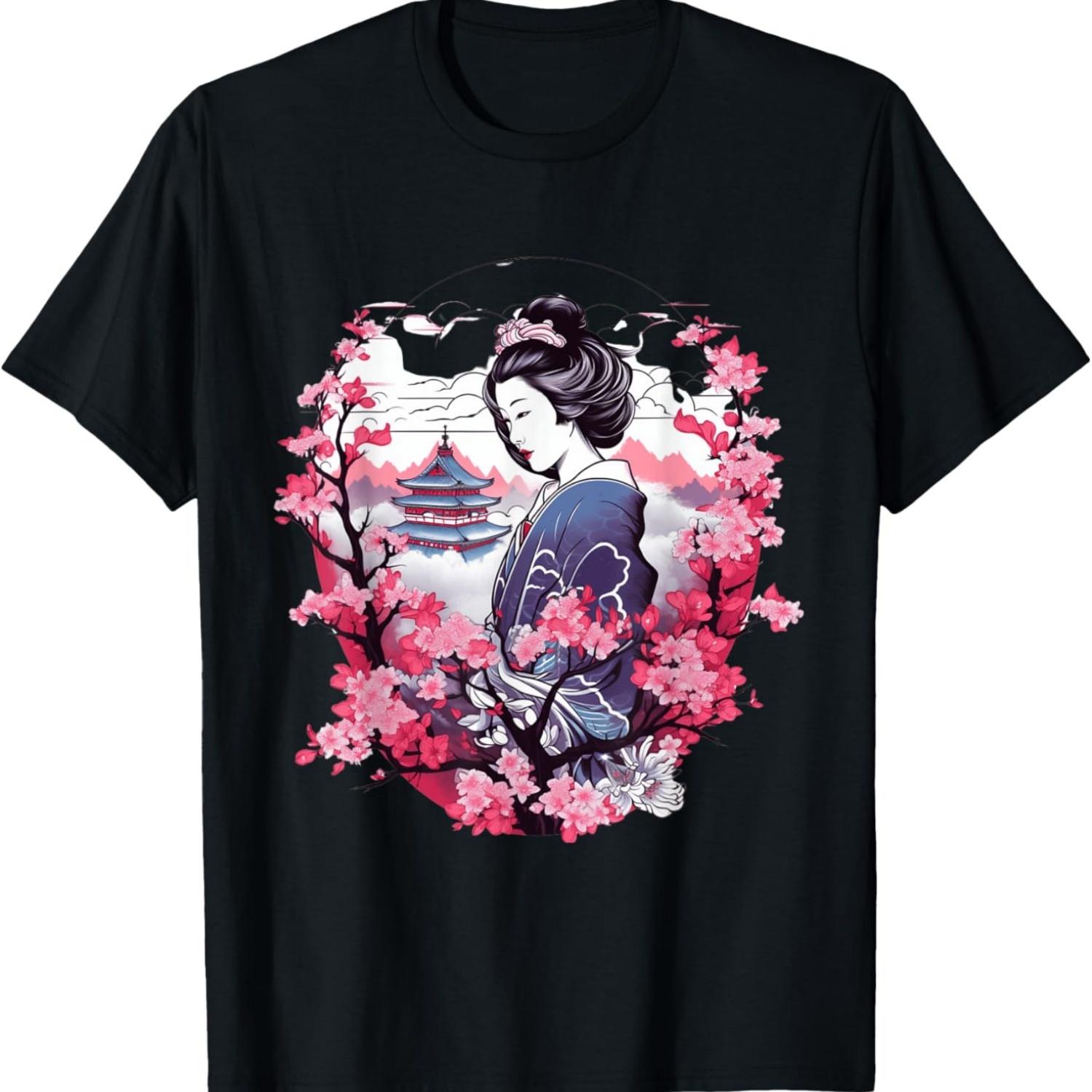 Футболка с гейшей, горой Фудзи, пагодой и цветами сакуры(58) S чёрный