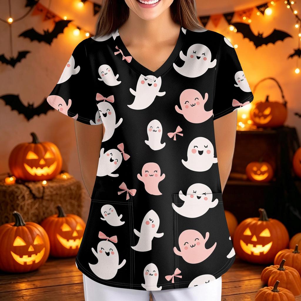 Women's Halloween Print Loose Fit V Neck Short Sleeve Medical Scrub Top with Pockets for Healthcare Professionals Nurse Uniform