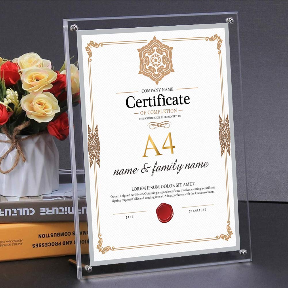 Acrylic photo A4 photo photo certificate of award display stand comes with bag containing yellow metal fittings frame, size, stand, acrylic, frame,