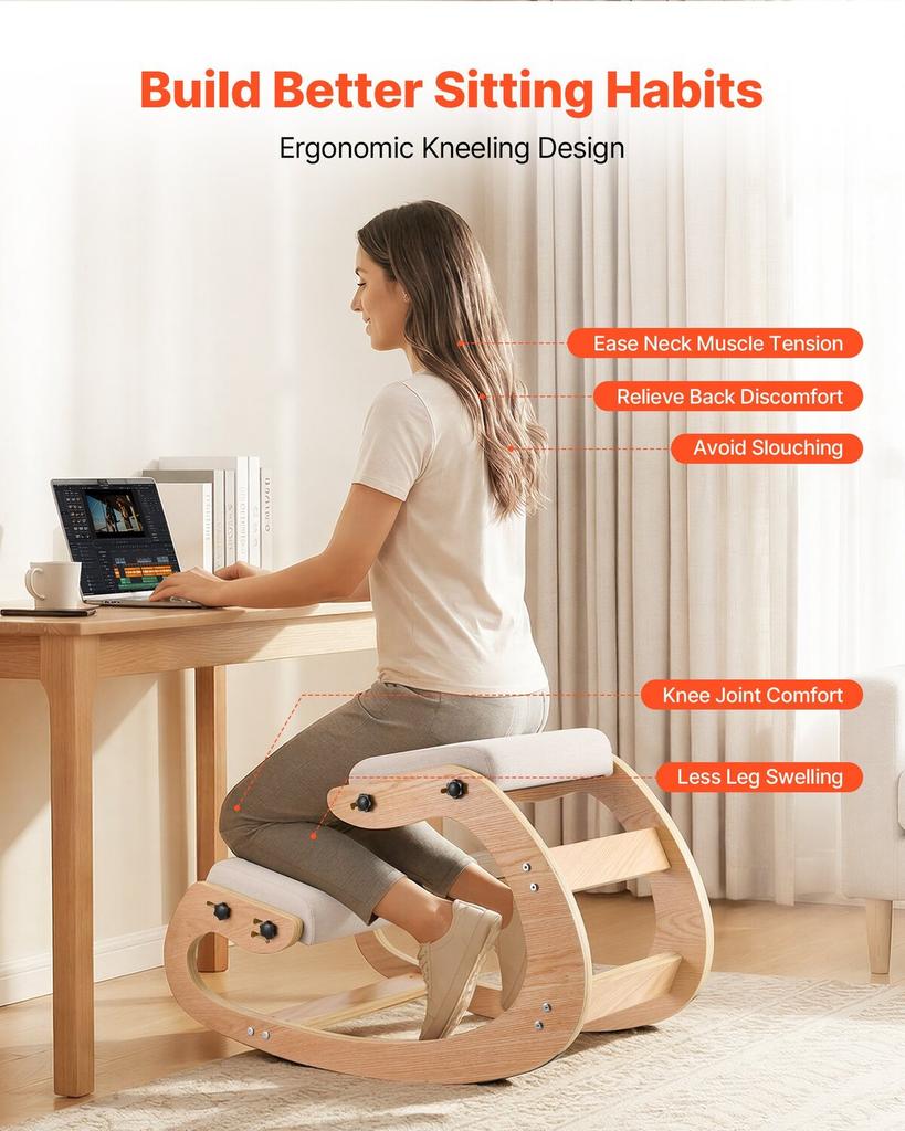 Ergonomic Kneeling Chair, Wooden Posture Knee Chair with Adjustable Thick Foam Cushions & Solid Wood Frame, Adjustable Height, Relief for Neck or Back