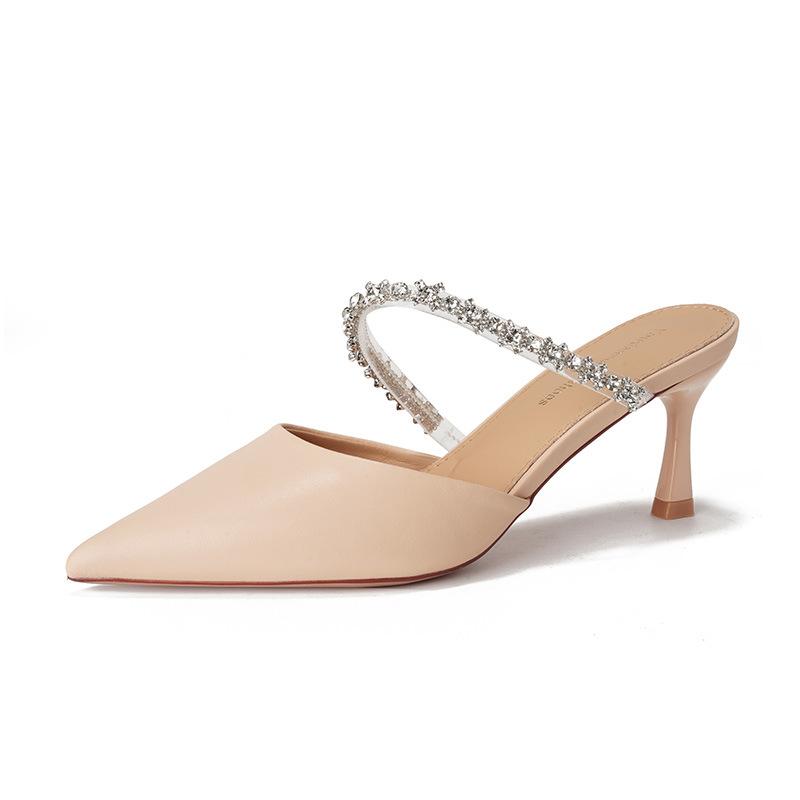 - High heels women's single shoes thin heels pointed toe bag head half slippers wear French new temperament versatile sandals