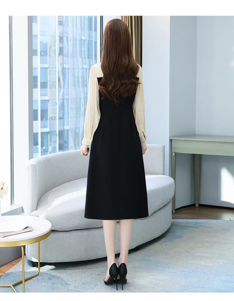 Women's Plus Size Square Neck Dress - Autumn 2026 Retro Patchwork Slim Fit with Long Sleeves