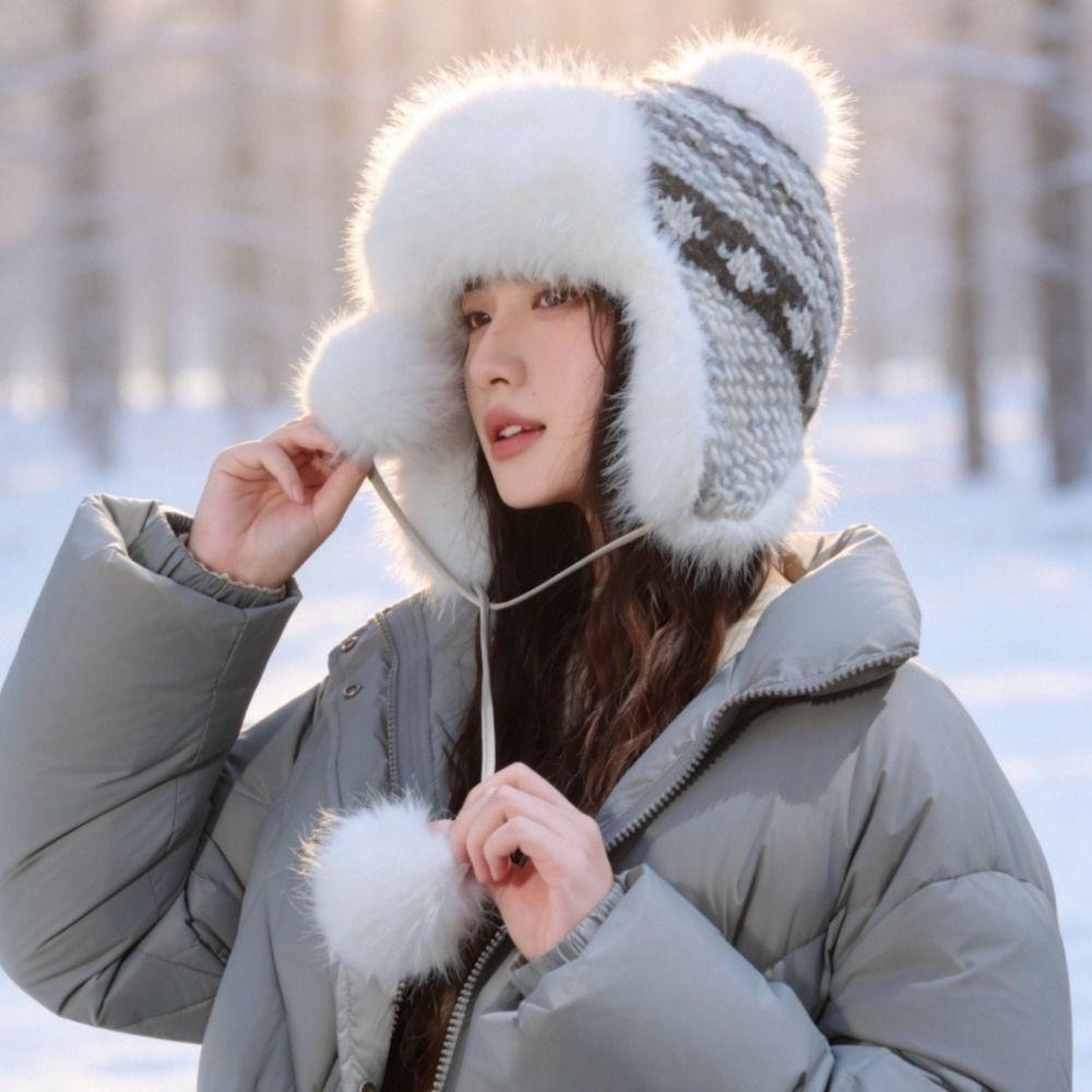 Pom Poms Knitted Trapper Hat 55-58cm Head Circumference Winter Hat Ushanka Hat Outdoor Activities