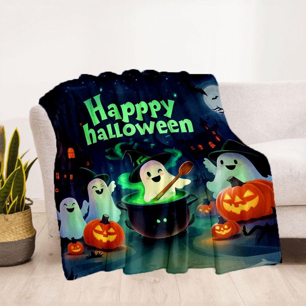 Halloween Ghosts and Pumpkins Cauldron Scene Kids PosterBlanket Flannel Throw Blanket for Sofa, Bed, Travel, Camping, Office
