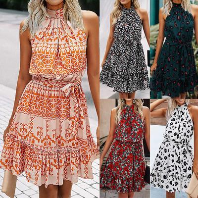 Fashion Women Floral Printed Strapless Ruffle Bandage Casual Dress