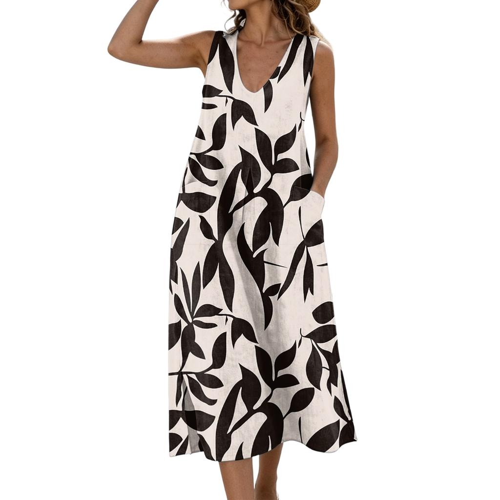 Sleeveless V Neck Midi Dress with Leaf Print Pattern Loose Fit Lightweight Material Suitable for Daily Wear and Outdoor Activities