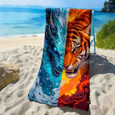 Ice and Fire Dragon and Tiger Pattern Polyester Microfiber Beach Towel Is Highly Absorbent, Suitable Swimming and Beach Outings
