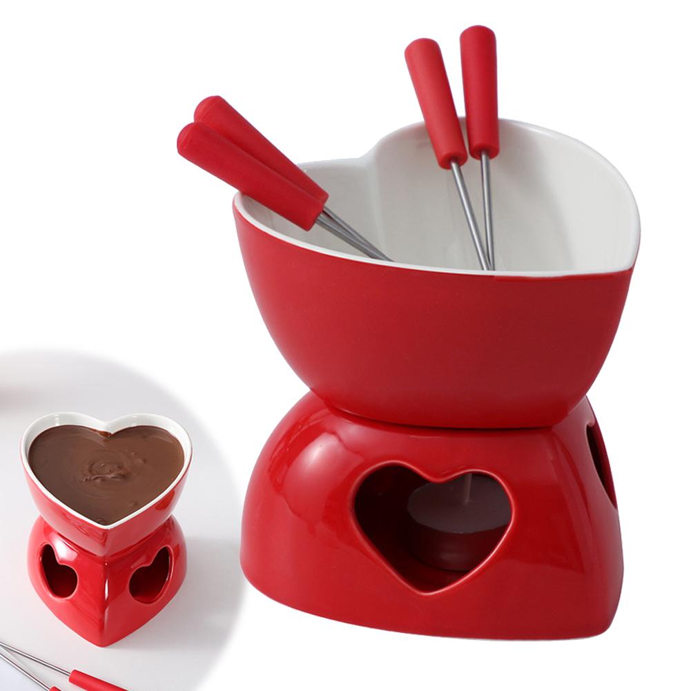 Romantic Heart-Shaped Ceramic Fondue Pot Set Red & White Dessert/Cheese Melting Versatile Chocolate Dipping Bowl For Ice Cream