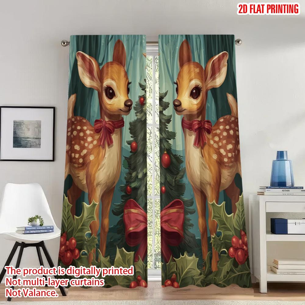 

2pcs 2D flat printing Happy Christmas Scene Curtains Christmas Reindeer Festive Holiday Digital Printed Polyester Drapes 100*130 Grommet Top 1pcs