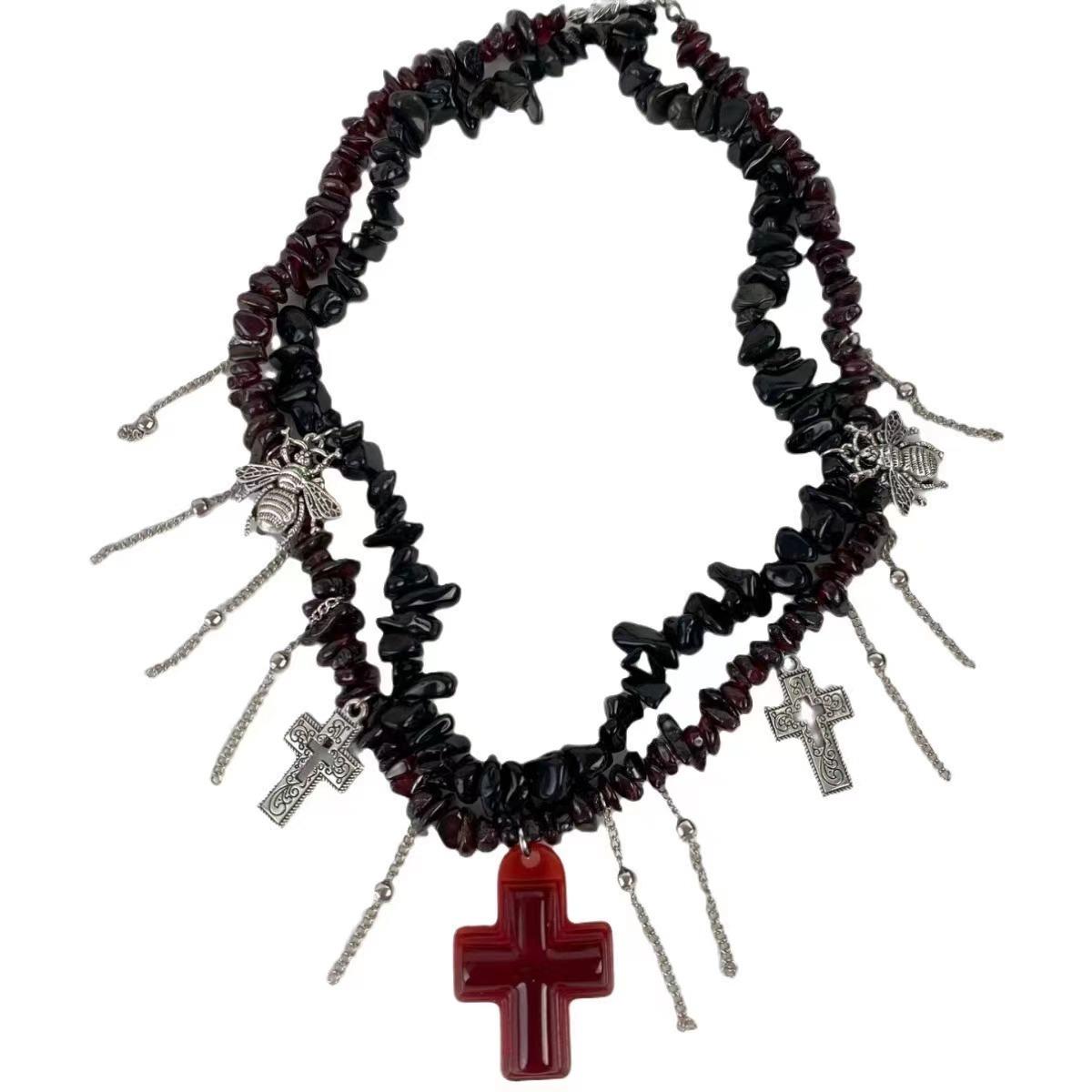 Cool design sense black gravel bee cross pendant fringed necklace fashion personality high sense collarbone chain