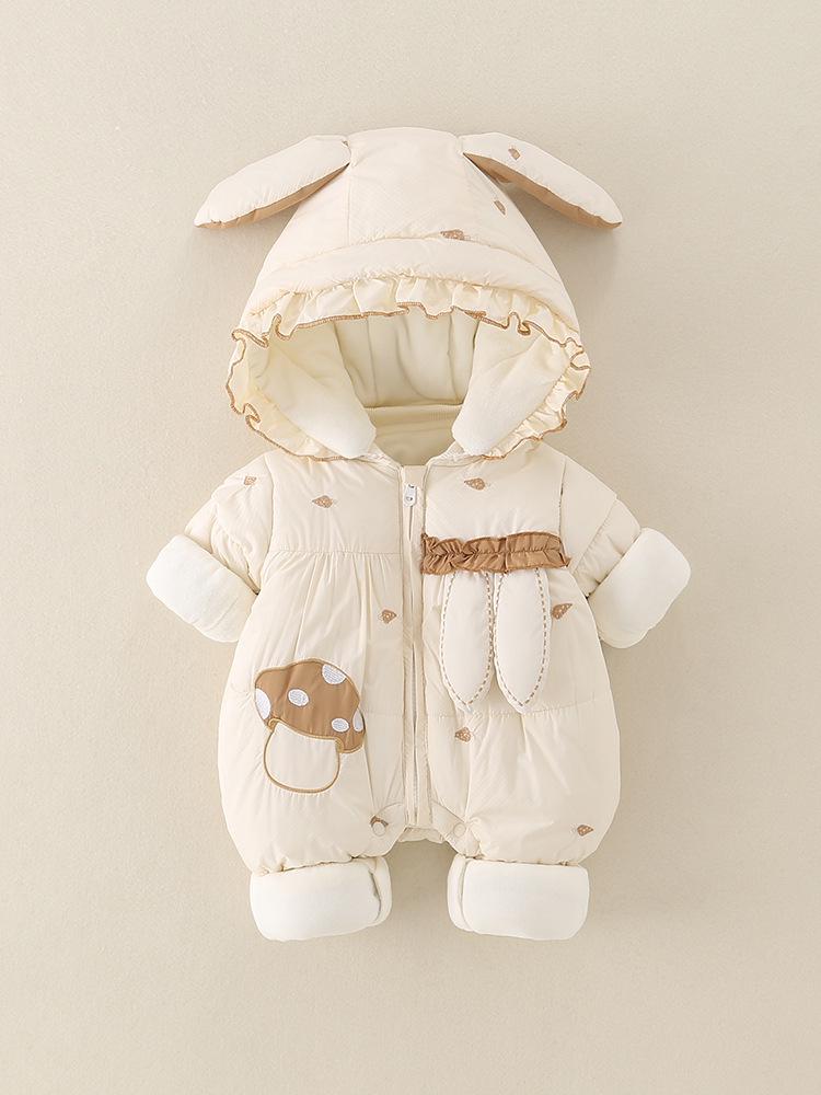 Thickened Fleece-Lined Winter Jumpsuit for Newborn Baby Girls - Cute Hooded Outfit for Outings