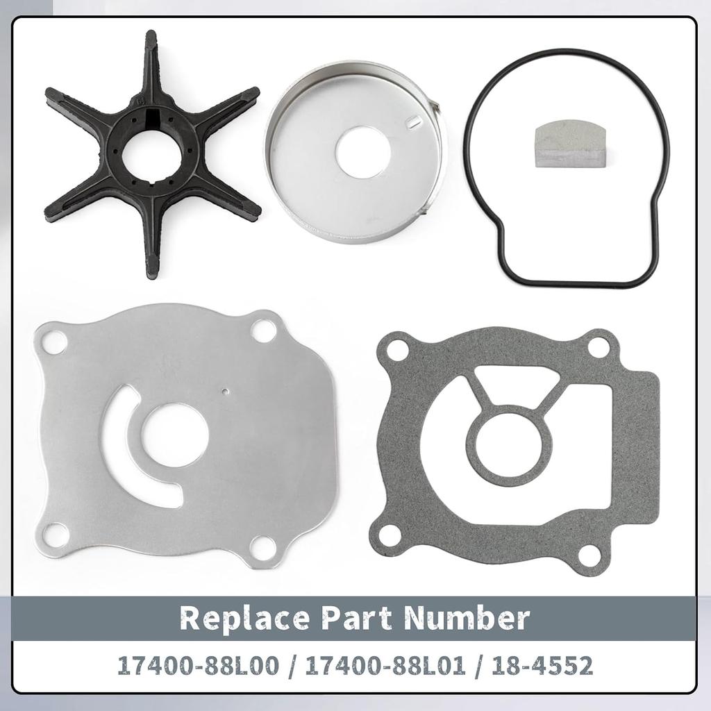 17400-88L00 Water Pump Impeller Repair Kit Compatible with Suzuki 4 Stroke DF 40 50 60 HP Outboard Engines, Replace 17400-88L01 17461-96312 18-4552