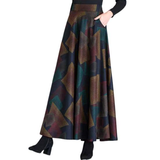 Woolen Skirt Elastic High Waist Large Hem Maxi Skirt with Pockets Plaid Pattern A-Line Autumn Winter Skirt Daily Wear