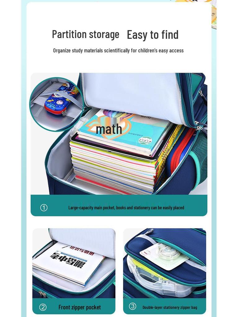 Lightweight Waterproof Backpack with Spine Protection for Kids Ages 6-12, Suitable for Grades 1-6