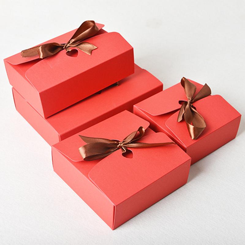10Pcs Kraft Paper Gift Boxes With Bows For Nougat Handmade Biscuits Christmas Candy Packaging Baby Shower Party Supplies