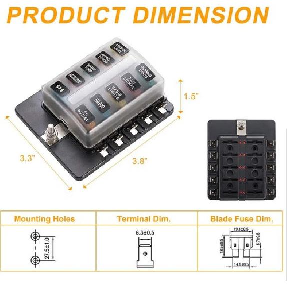 10-Way Fuse Box Blade Fuse Block Holder with LED 1Pcs 10-Way Blade Fuse Box