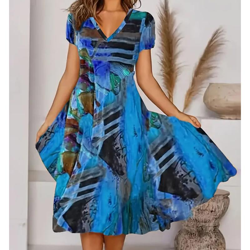 

Летняя мода Женское платье с V-образным вырезом и короткими рукавами, в стиле ретро, с принтом, сексуальное, с короткой юбкой 8XL синий