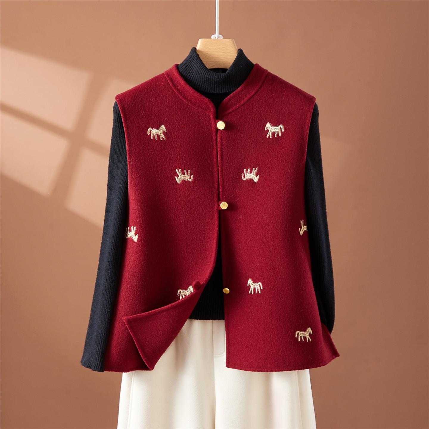 

Red Chinese Style Double-Sided Wool Vest: Short Cashmere Coat for Women L 70-80kg