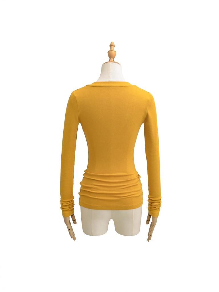 Spicy Lazy Girl V-neck Button Long Sleeve Women's Autumn/Winter Base Layer Elastic Fit T-shirt