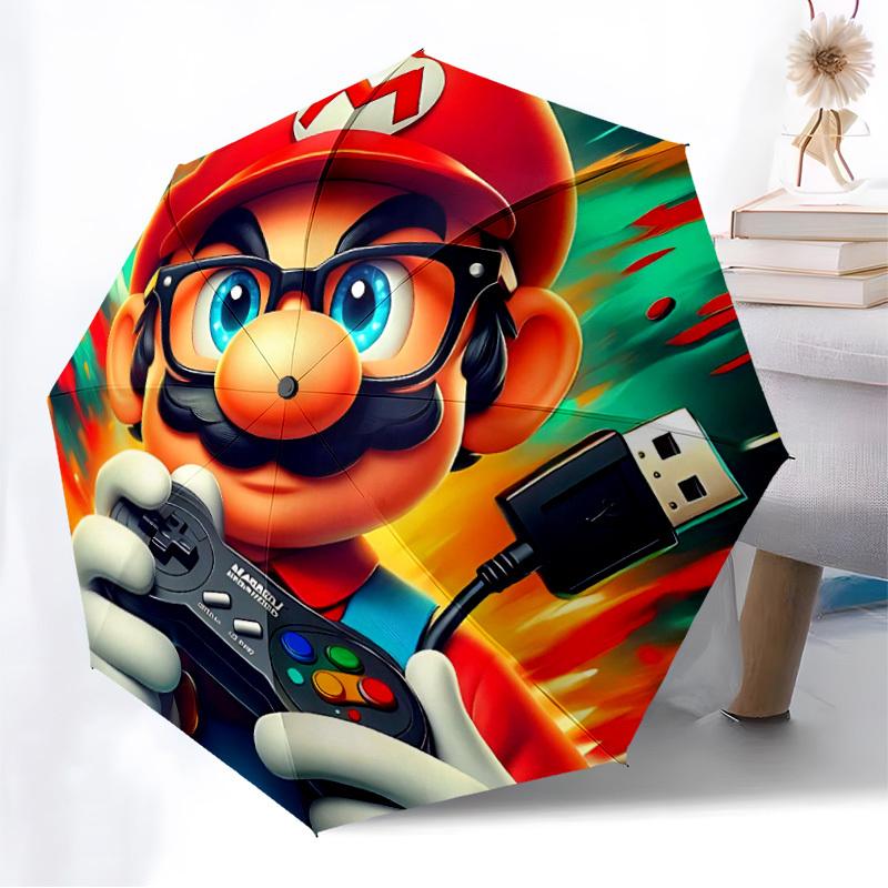 1pc Mario Gamer Superhero Automatic Folding Umbrella - Compact 8-Rib Design, Durable Plastic & Iron, Lightweight for Outdoor Daily Use,  a0929195