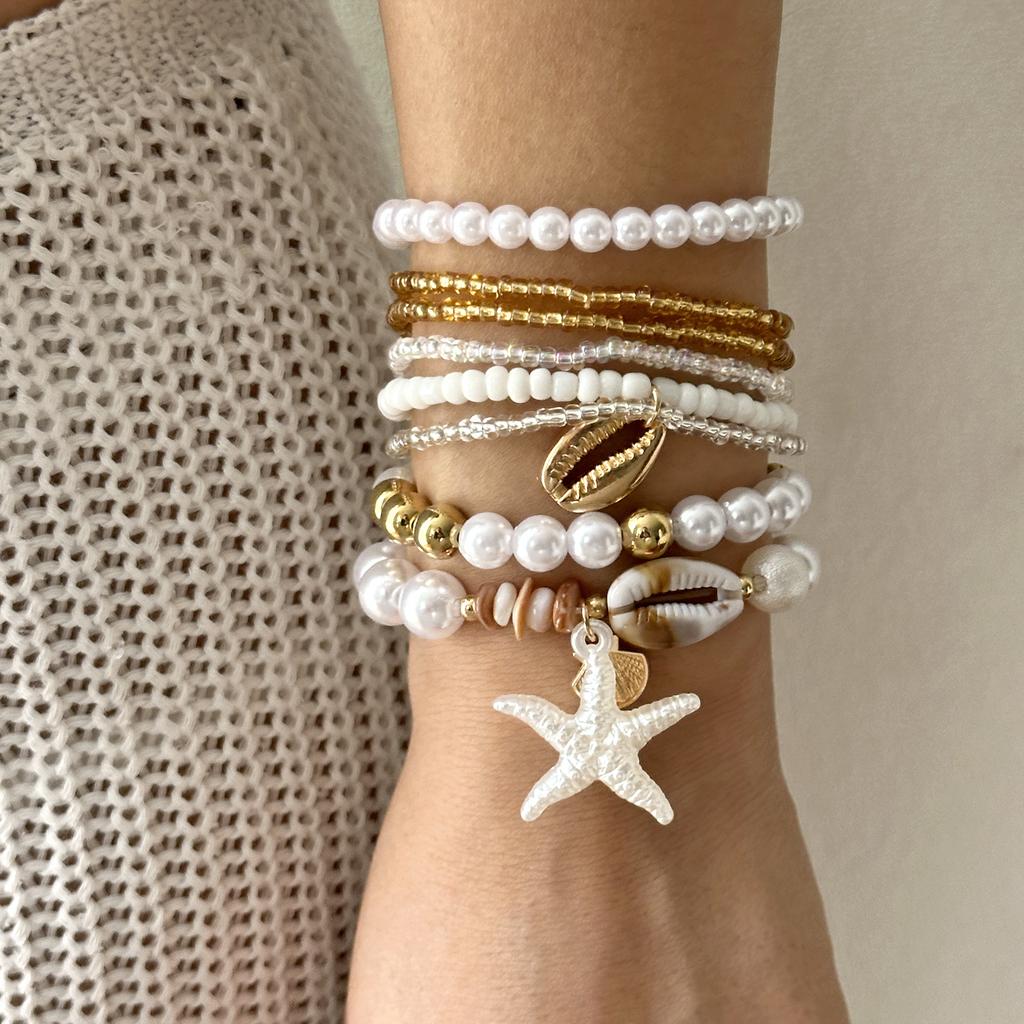 Classic Metal Starfish Shell Multilayer Bracelets Set for Women Handmade Rice Beaded Stackable Bracelets Vacation Jewelry Gift