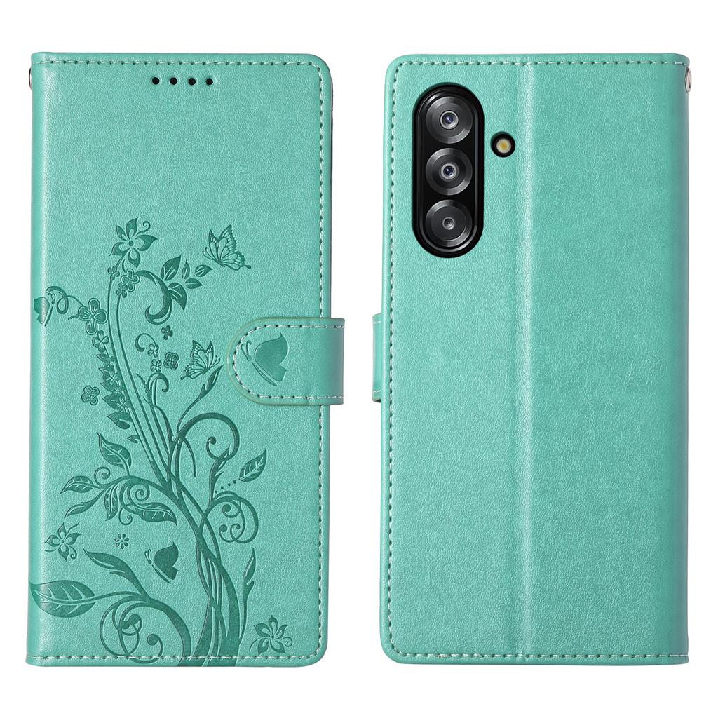 Etui portfelowe dla Samsunga Galaxy A17 5G z motywem motyla i kwiatów, wykonane ze skóry PU, z paskiem na nadgarstek