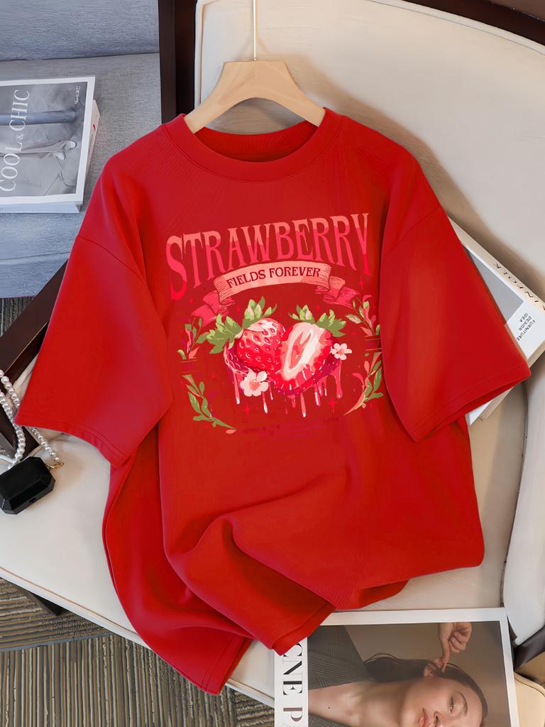 Strawberry Fields Forever Print T-Shirts Damen Atmungsaktives Baumwoll-T-Shirt Hip Hop Locker Streetwear All-Match Freizeitkleidung