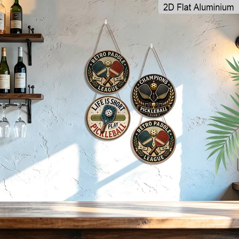 2D Flat, 4Pcs Retro Pickleball Aluminum Round Hanging Sign Set, Pickleball Paddle Champion Club Metal Wall Pendant, Garage Bar Patio Club Home Wall