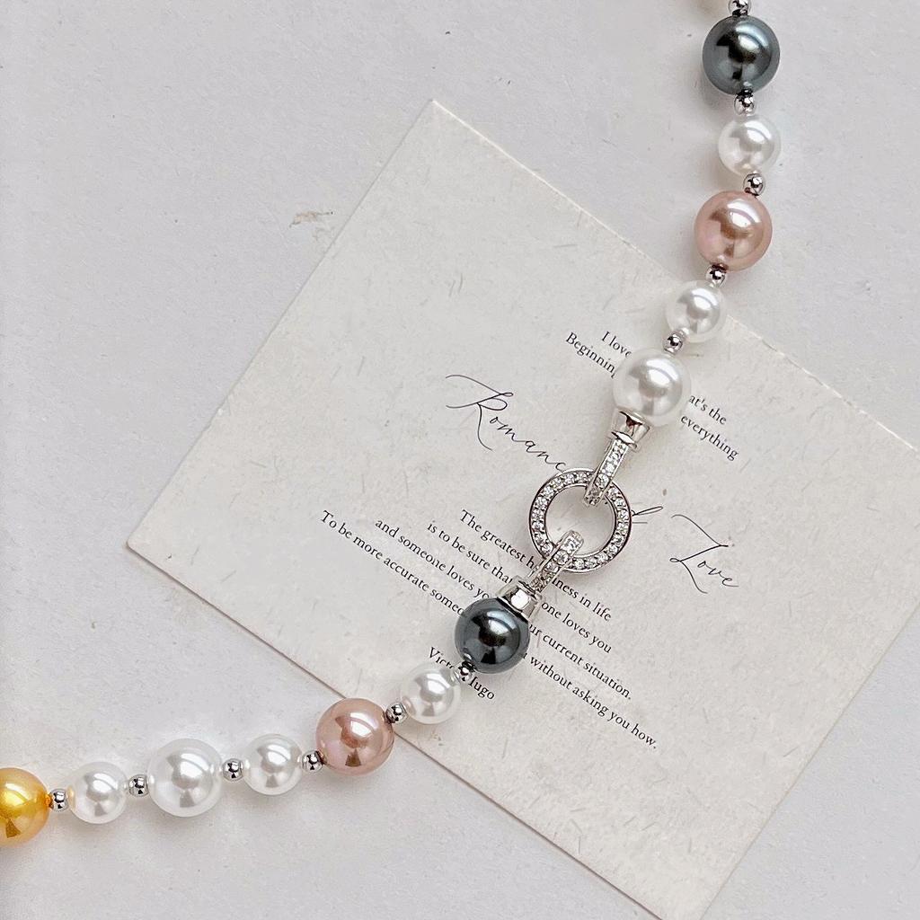 Vintage High Quality Maillard Mixed Color Shijia Pearl Sweater Chain Necklace Collarbone Chain