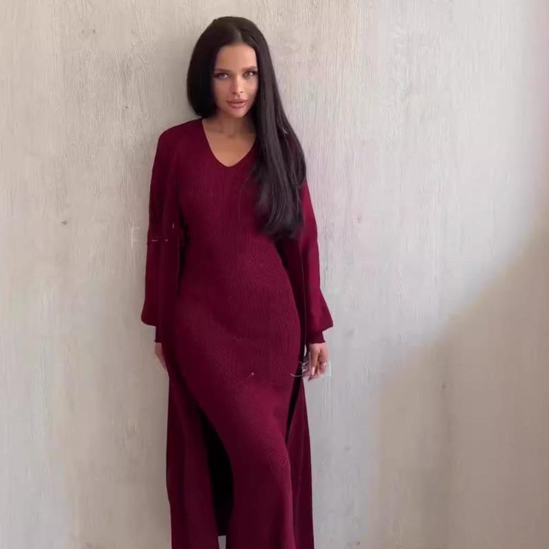 2026 Autumn European & American Solid Color Slim Knit Sweater Over-the-Knee Long Dress Set for Women