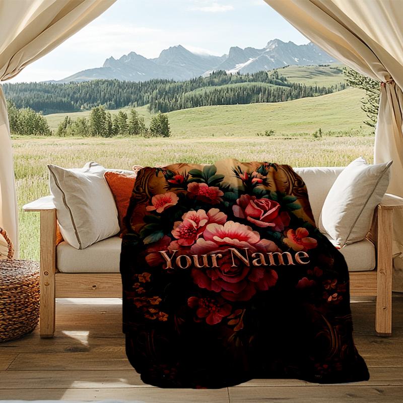 Custom Name Floral elegance vintage charm Flannel Fleece Blanket Cozy Warm Throw Blanket For Couch Bed Travel All Season Use