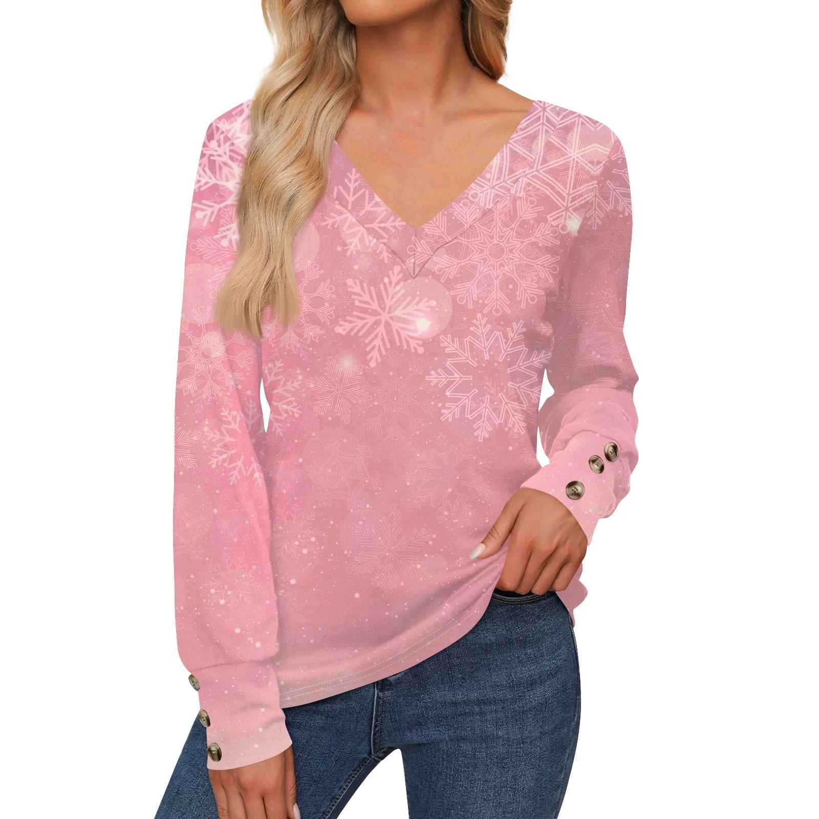 

Женская повседневная модная рождественская рубашка со снежинками и длинными рукавами, манжетами на пуговицах, с V-образным вырезом, свободная футболка, осенняя одежда XXL киноварь
