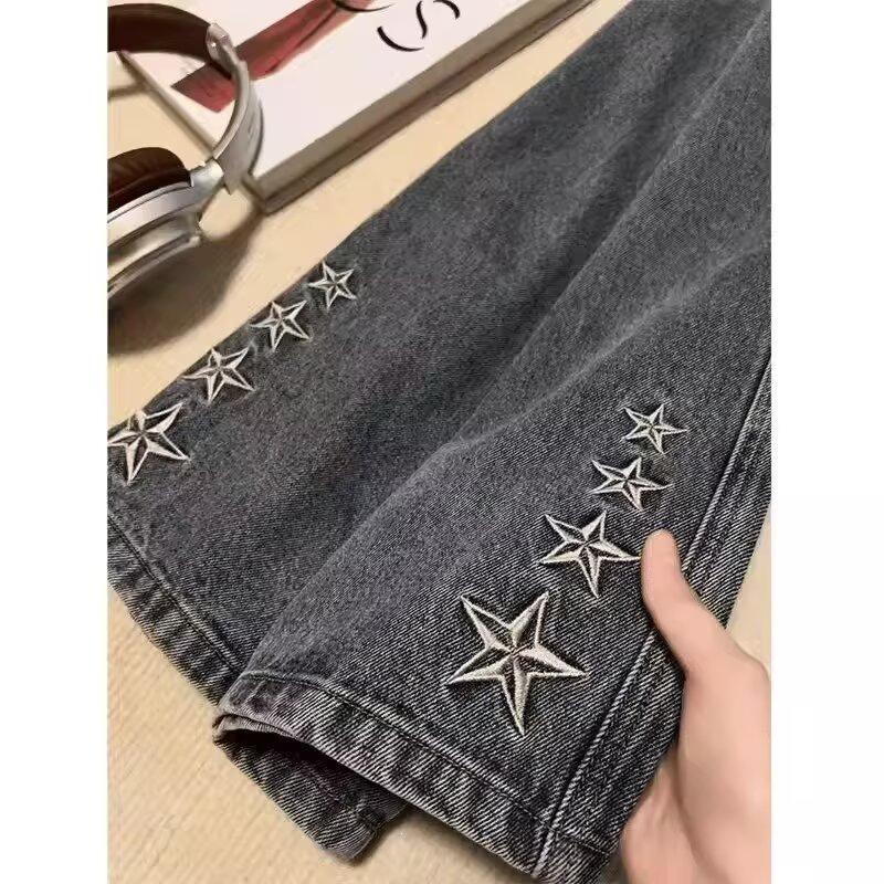 Summer American High Street Embroidery Star Jeans Men's Design Trendy Brand Fried Street Loose Straight Pants