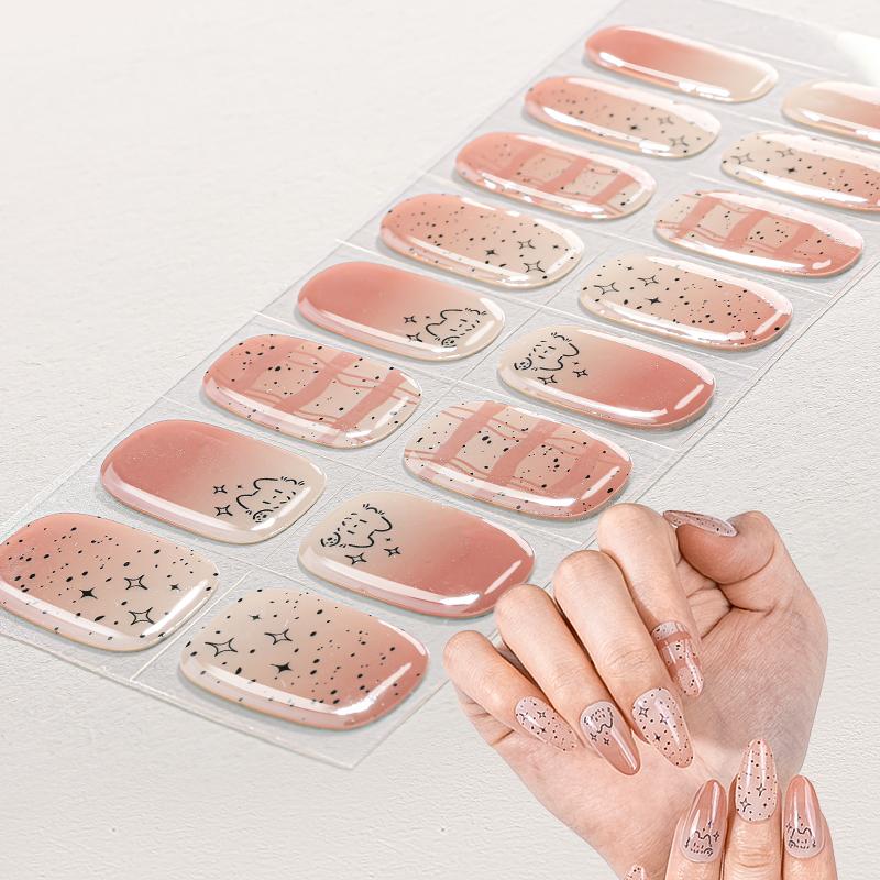 16tips Cartoon Cute Animal Semi Cured Gel Nail Strips Glitter Cat Eye Self-Adhesive Gel Nail Wraps Full Cover UV Nail Sticker