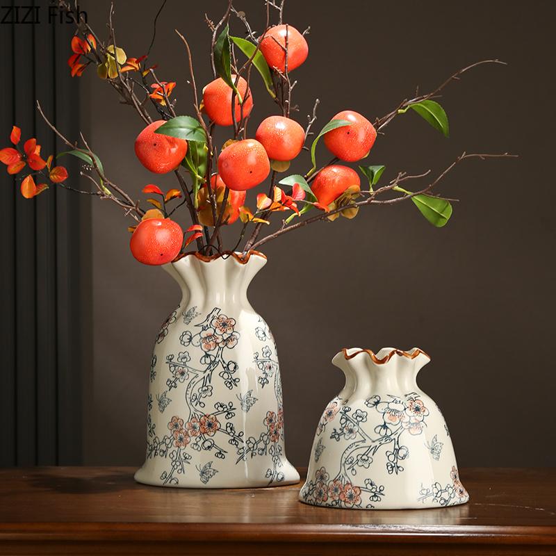 Vintage Floral Texture Ceramic Vase Table Decoration Flower Arrangement Creative Bag Shape Flowers Vases Room Aesthetic Decor