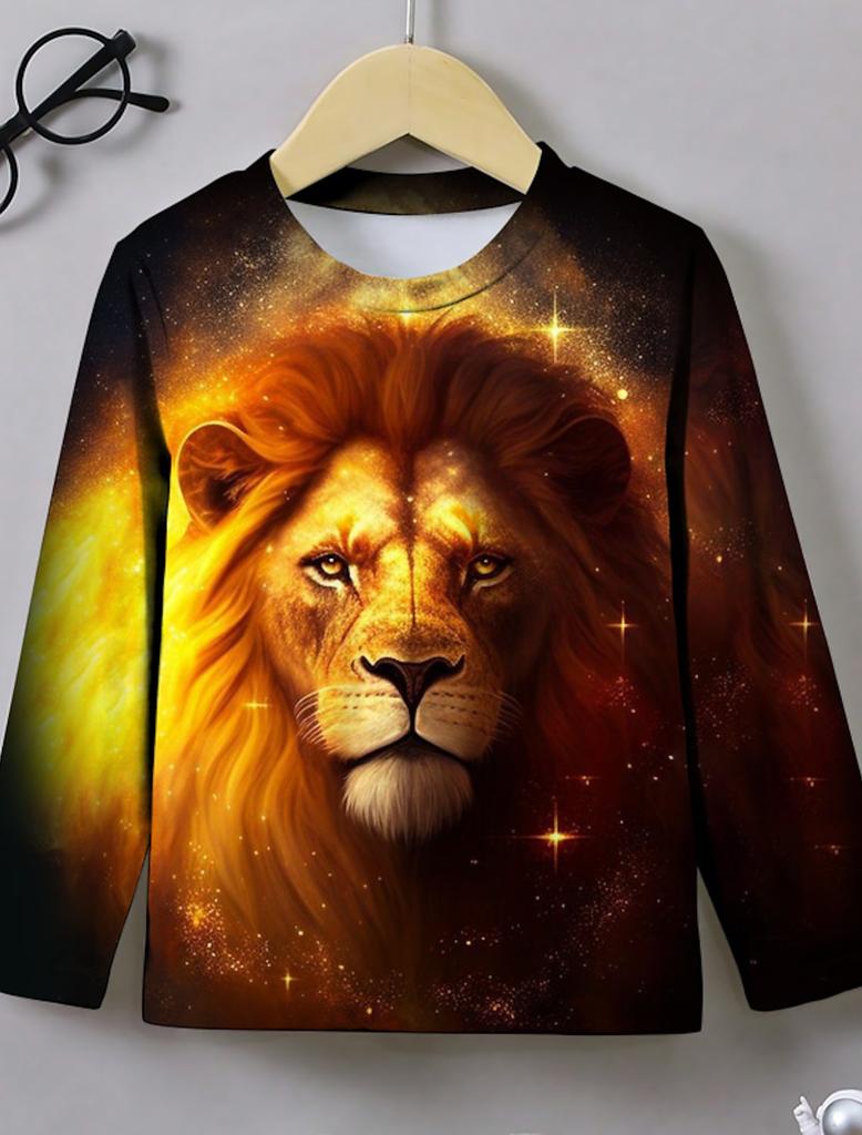 Men's T-shirt pattern lion pattern printing round neck brown 3D printing outdoor daily long sleeved printing clothing designer