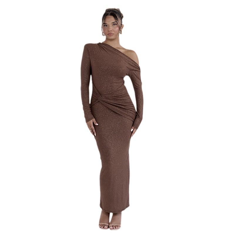 Chic European & American Off-Shoulder Pleated Long-Sleeve Maxi Dress