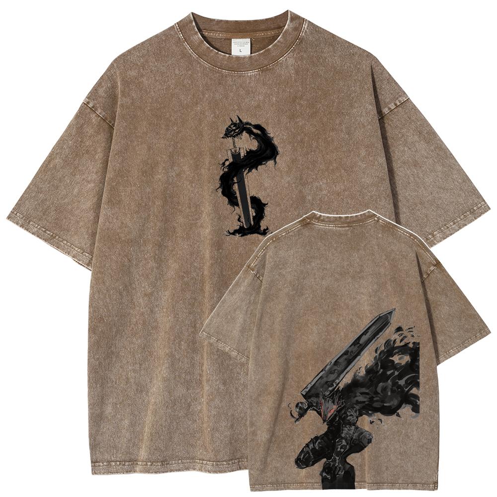 Berserk Guts T Shirt Manga Griffith Printed  T-shirt Men Unisex Clothes Street Vintage Washed Tshirt Short Sleeve Cotton Tees