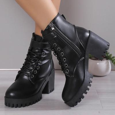 Women's High Heels Ankle Boots for 2025 Black PU Leather Platform Short Boots Woman Side Zipper Thick Heeled Punk Botas De Mujer