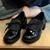 Cowhide Version~ Ballet Style Bow High Heel Small Leather Shoes Thick Heel Single Shoes Women's Platform Loafers British Style Women's Shoes