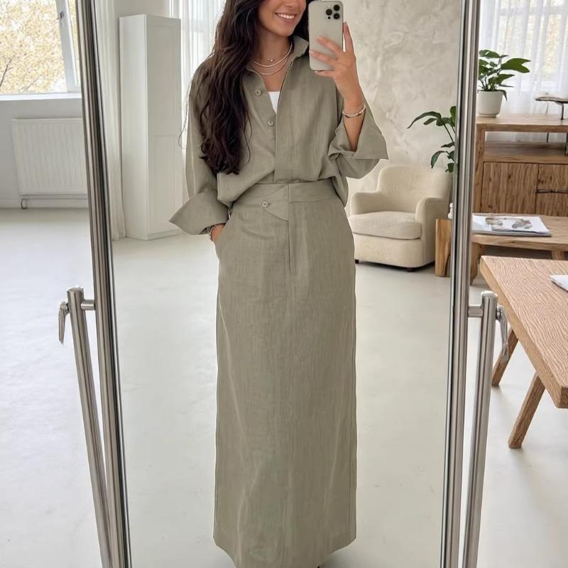 Elegantes Damen-Leinen-Set 2-teilig Bescheidenes Oversized-Hemd mit Knöpfen + Maxirock mit hoher Taille Lässiges schickes Co-ord-Outfit für den Frühling