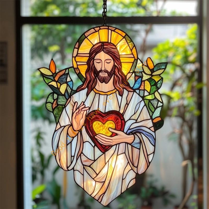 Stained Glass Window Hanging Christ Jesuses Suncatchers Colorful Glass Panel with Metal Chain for Yard Garden Ornament 55KF