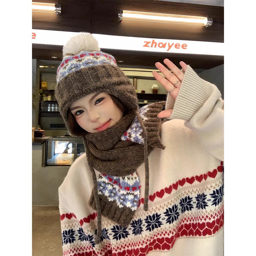 Fair Island wind knitted hat children's ear protection Lei Feng hat autumn and winter big head circumference retro jacquard warm and cold scarf