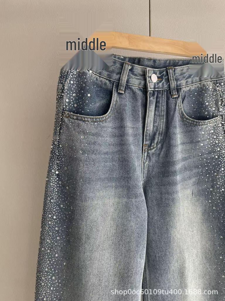 Celebrity Style 3D Rhinestone High-Waisted Wide-Leg Jeans for Women - Spring/Autumn