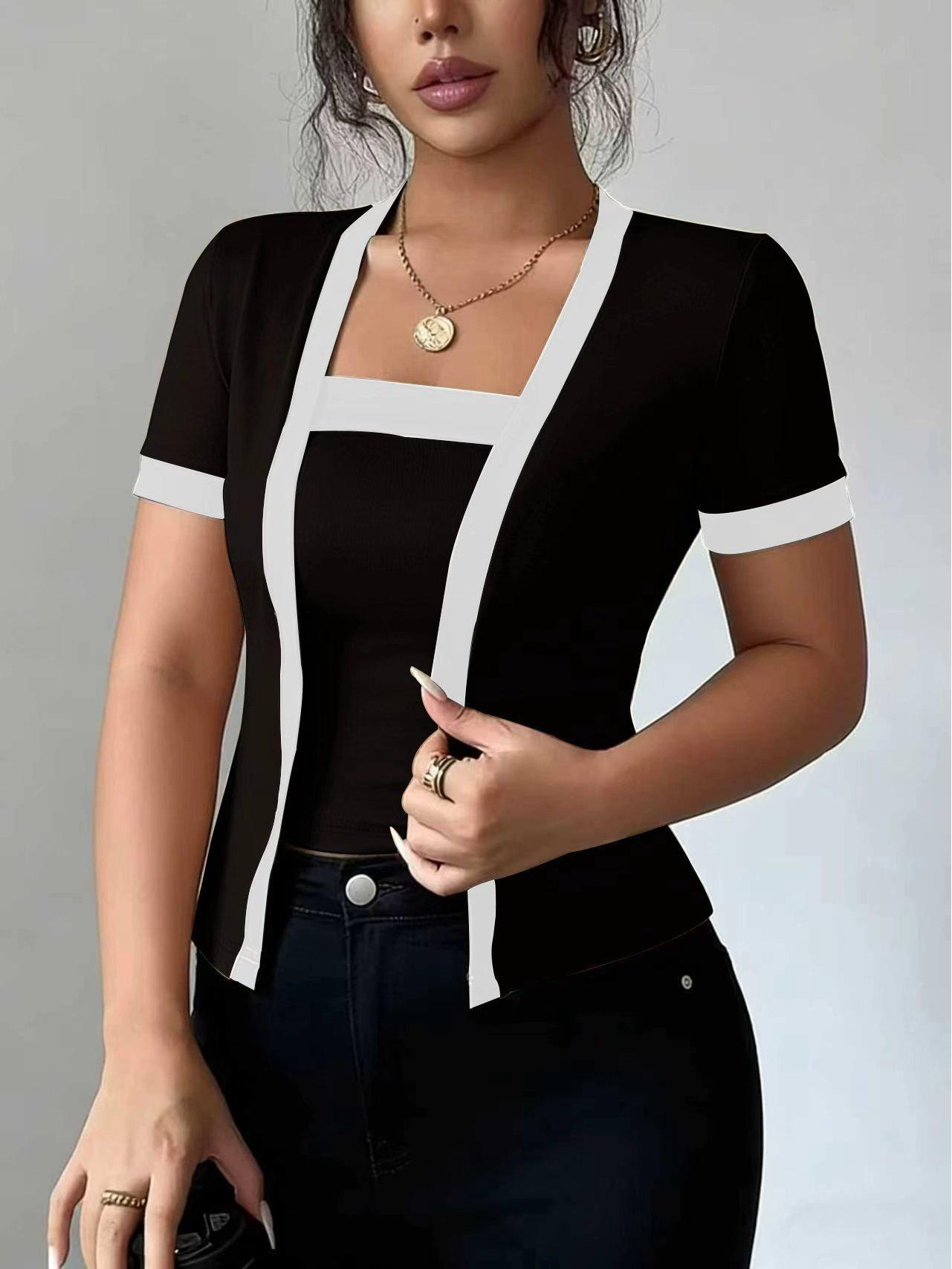

Летний вязаный кардиган в стиле Spicy Girl 2026 года, Color Block, с коротким рукавом, имитация двойки XXL чёрный